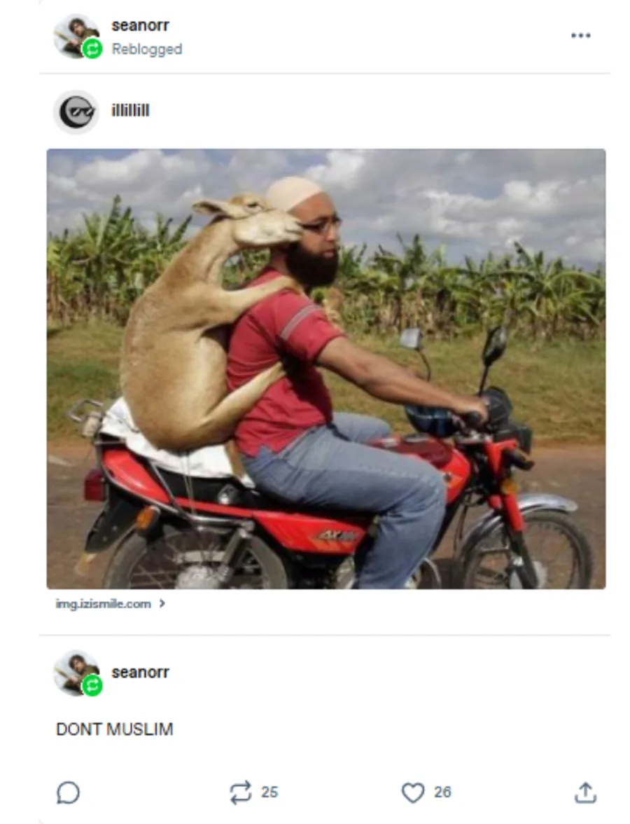 Sean Orr posted on : Reblogged on Tumblr: a photo of a man riding a motorcycle with a goat clinging to his back. Orr's caption: "DONT MUSLIM"