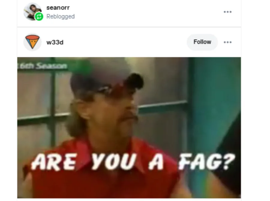 Sean Orr posted on : Reblogged on Tumblr: a gif captioned "ARE YOU A FAG?"