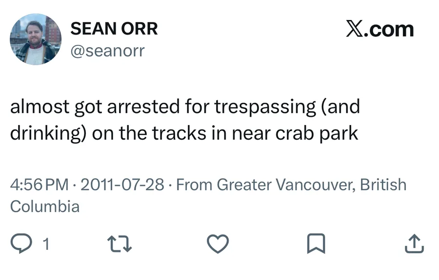 Sean Orr posted on Jul 28, 2011: almost got arrested for trespassing (and drinking) on the tracks in near crab park