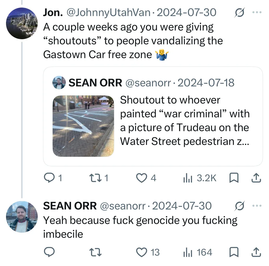 Sean Orr posted on Jul 30, 2024: Yeah because fuck genocide you fucking imbecile